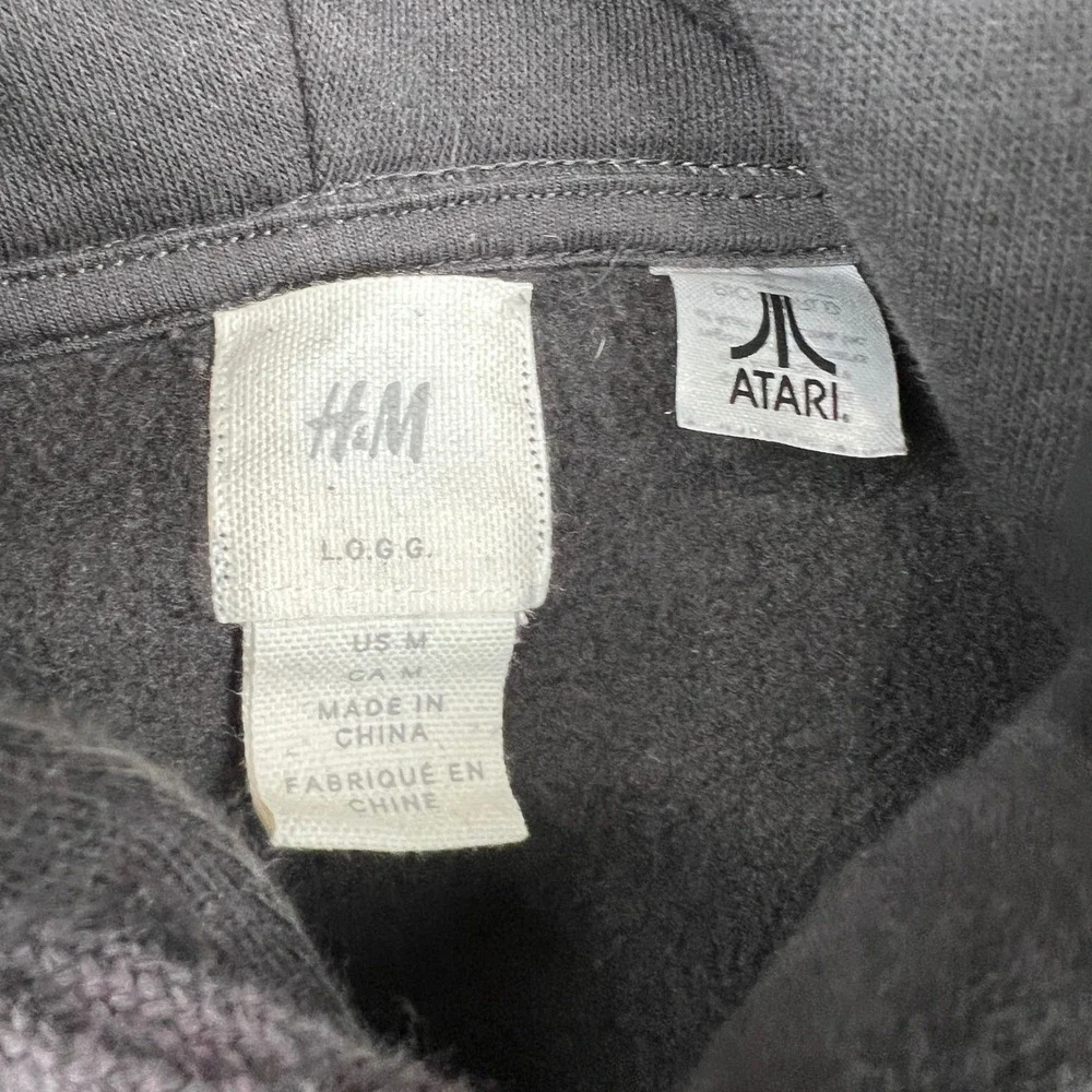 H&M LOGG Atari Hoodie Mens Medium Black Retro Gaming Graphic Pullover Sweatshirt - Picture 3 of 8